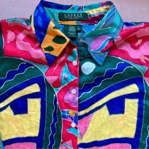 Ralph Lauren Abstract Colorful 3/4 Sleeve Button Down Tunic shirt, Small Women’s